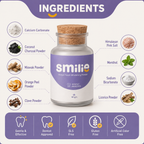 A product infographic for Smilie Herbal Tooth Whitening Powder. The central subject is a clear bottle with a cork stopper and a purple label, surrounded by circular icons and text detailing its ingredients (Calcium Carbonate, Coconut Charcoal Powder, Miswak Powder, Orange Peel Powder, Clove Powder, Himalayan Pink Salt, Menthol, Sodium Bicarbonate, Licorice Powder).