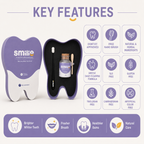 Smile tooth care kit shown with its purple-and-white tooth-shaped packaging, open case containing a toothbrush, small bottle, and wooden toothpick, plus a 'KEY FEATURES' infographic on a light beige background.
